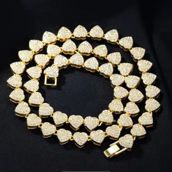 Gold Plated Heart Crystal Necklace Paved, Ice Out, Bling, Choker - Picture 10 of 14